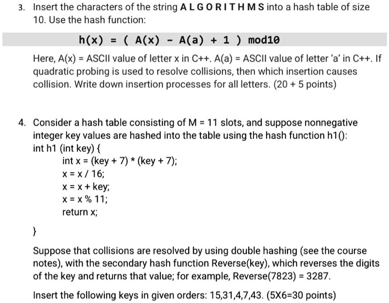 3. Insert the characters of the string ALGORITHMS into a hash table of ...