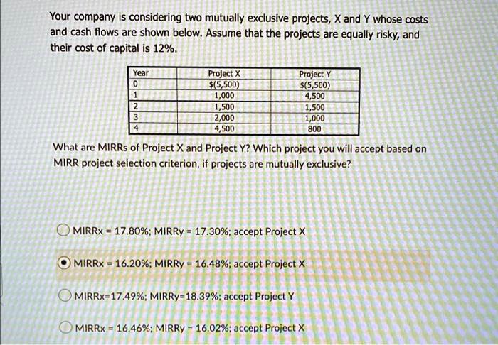 SOLVED: Your Company Is Considering Two Mutually Exclusive Projects, X ...