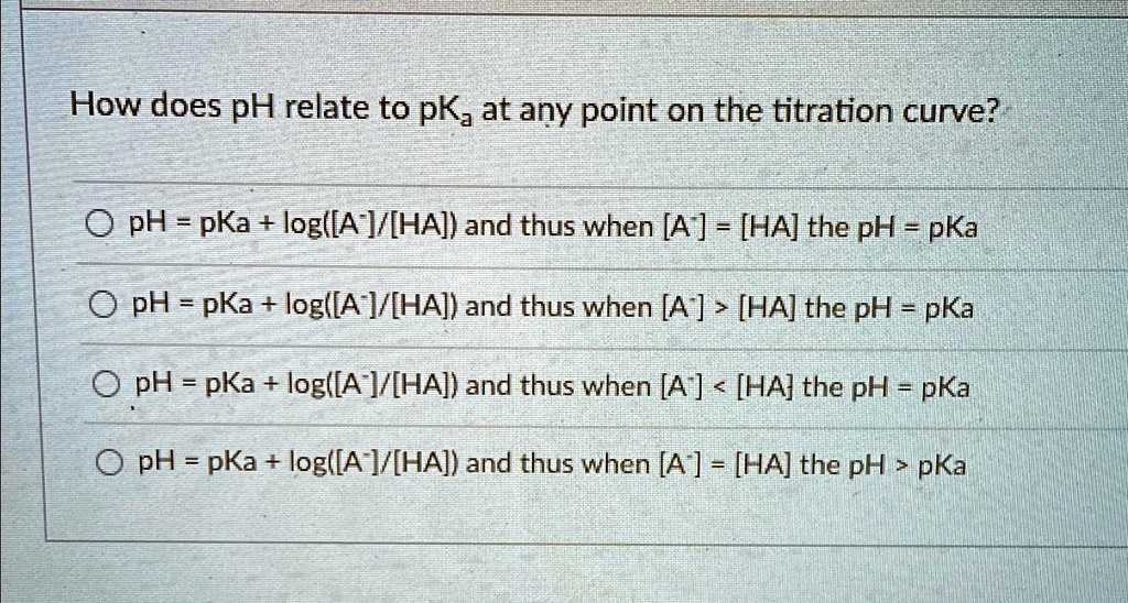 SOLVED: How does pH relate to pKa at any point on the titration curve ...