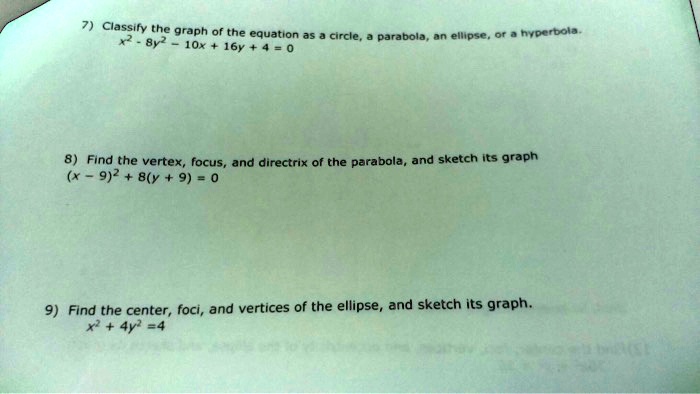 SOLVED: Classify the graph of the equation as 8v2 circle; parabola, an ...