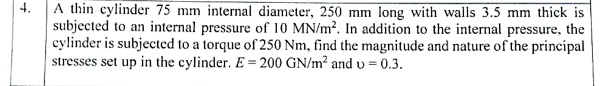 A thin cylinder 75 mm internal diameter, 250 mm long with walls 3.5 mm ...
