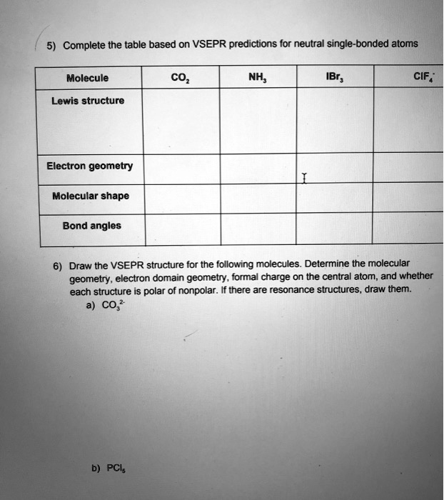 Solved Complete The Table Based On Vsepr Predictions For Neutral