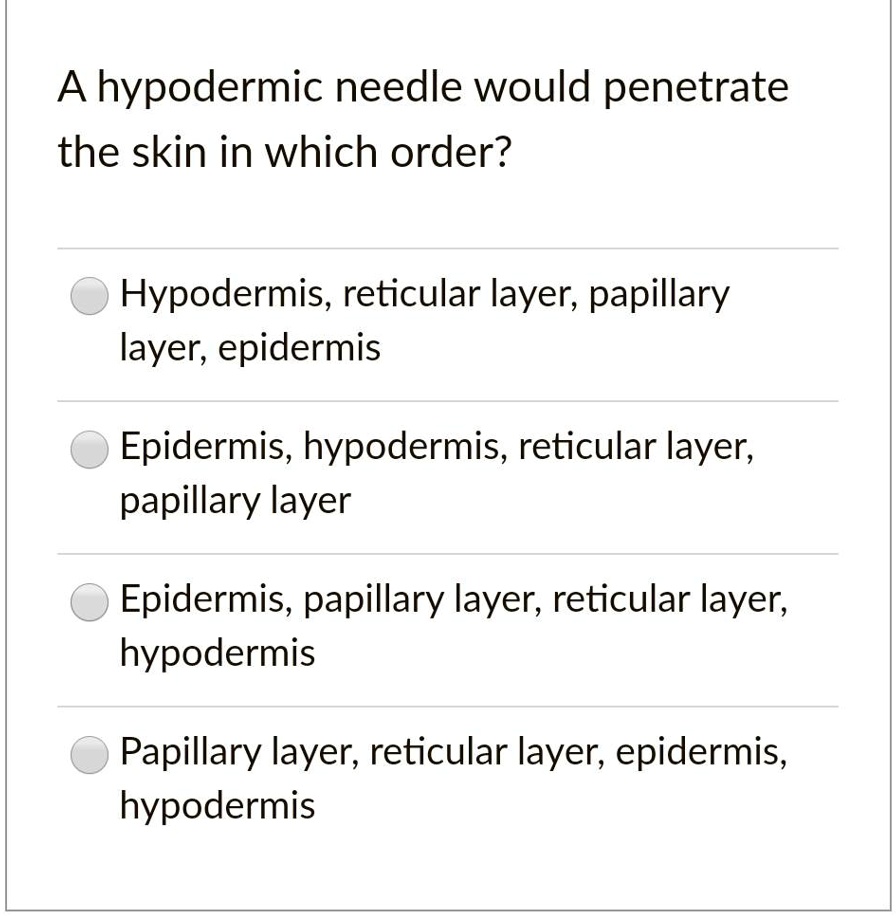 SOLVED A hypodermic needle would the skin in which order? Hypodermis, reticular layer