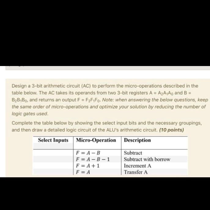 SOLVED: Computer Architecture Design a 3-bit arithmetic circuit (AC) to ...