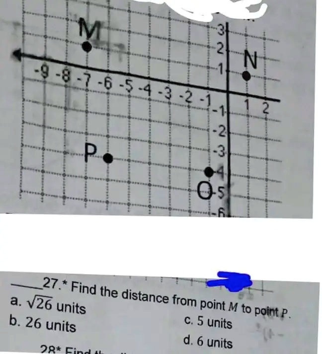 27.* Find the distance from point M to point P.
a. √(26) units
b. 26 units
c. 5 units
d. 6 units