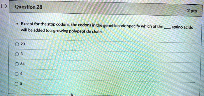 SOLVED: Question 28 2 pts Except for the stop codons, the codons in the ...