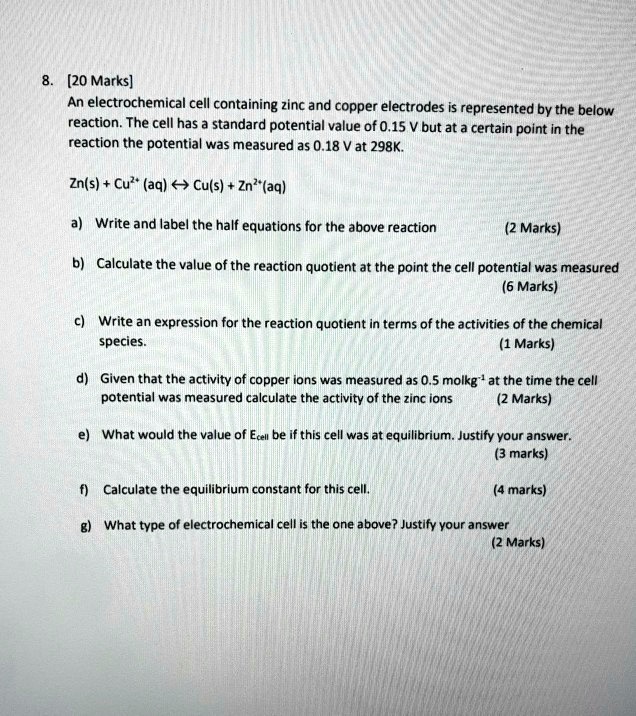 SOLVED [20 Marks] An electrochemical cell containing zinc and copper