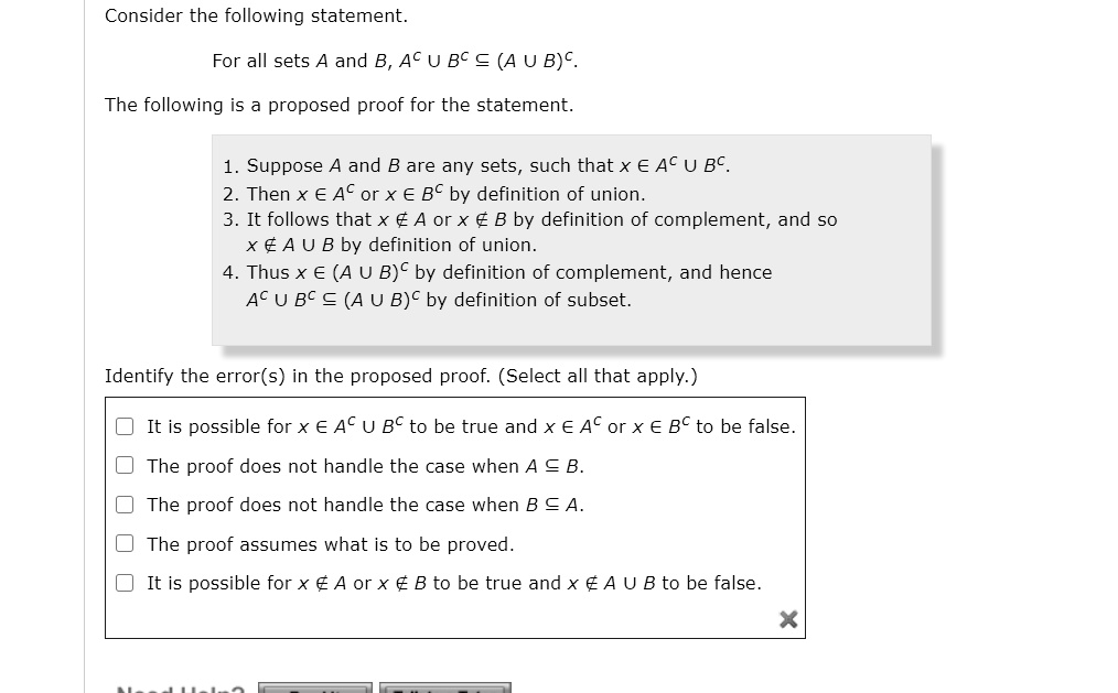 SOLVED: Consider The Following Statement: For All Sets And B, AC U Bc ...