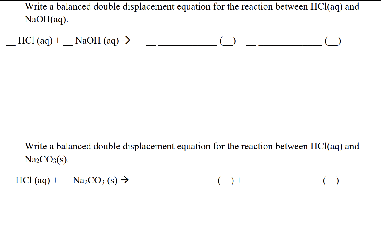 SOLVED Write a balanced double displacement equation for the reaction