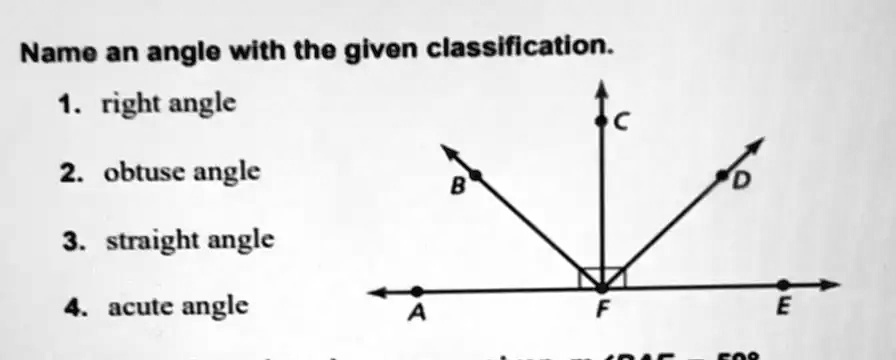 Name an angle with the given classification.
1. right angle
2. obtuse angle
3. straight angle
4. acute angle