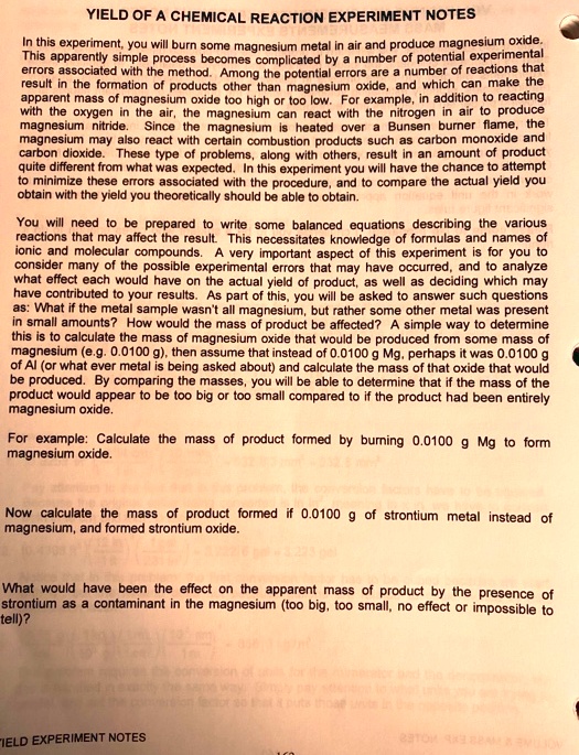 SOLVED YIELD OF A CHEMICAL REACTION EXPERIMENT NOTES this experiment