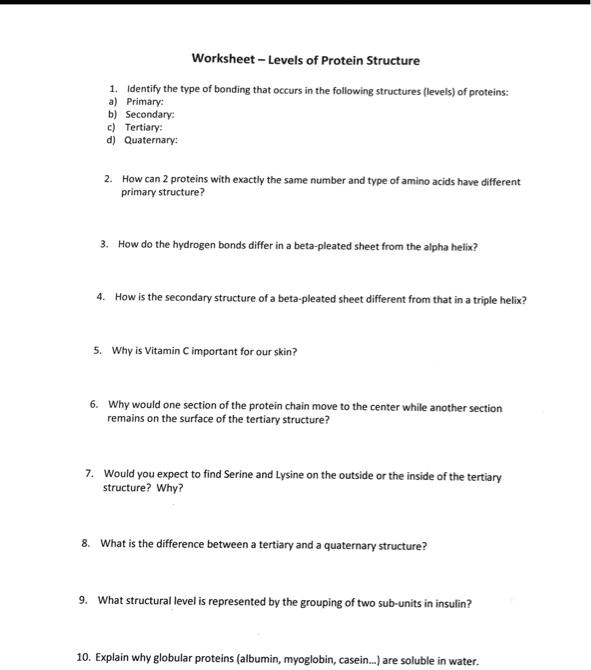 SOLVED: Worksheet - Levels of Protein Structure 1. Identify the type of ...