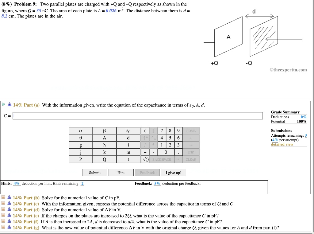 SOLVED: (8 %) Problem %: Two parallel plates are charged with +Q and Q ...