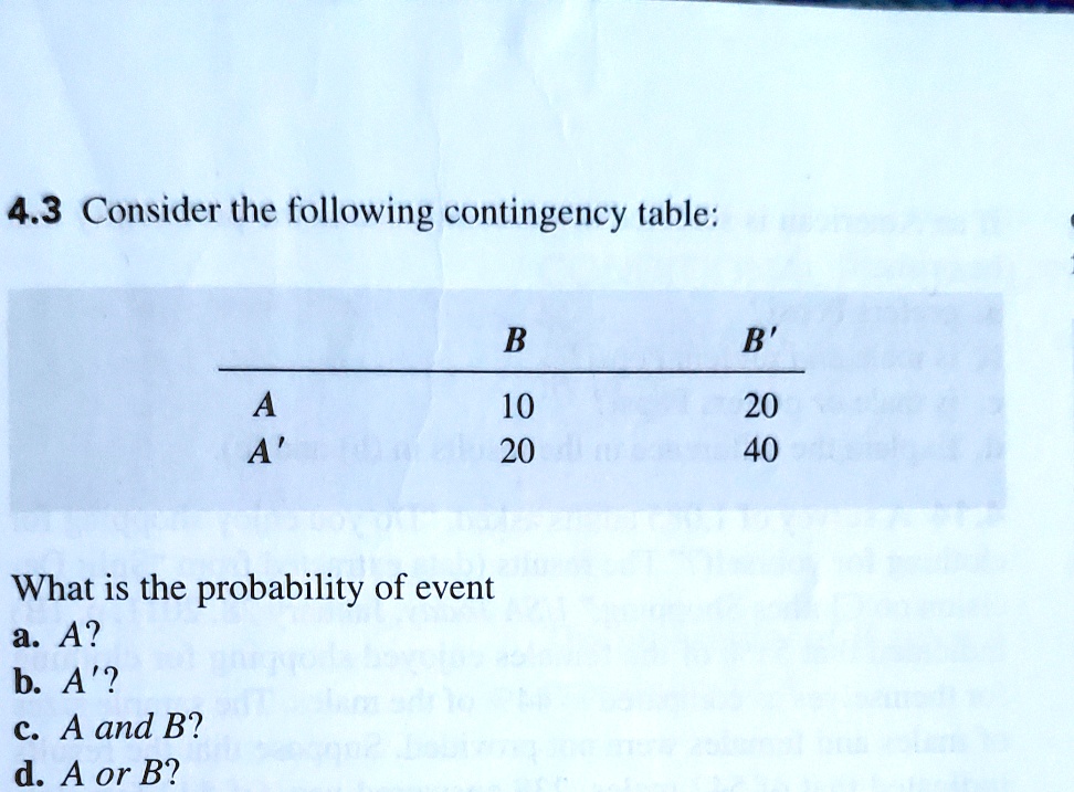 SOLVED: 4.3 Consider The Following Contingency Table: B B A 10 20 20 40 ...