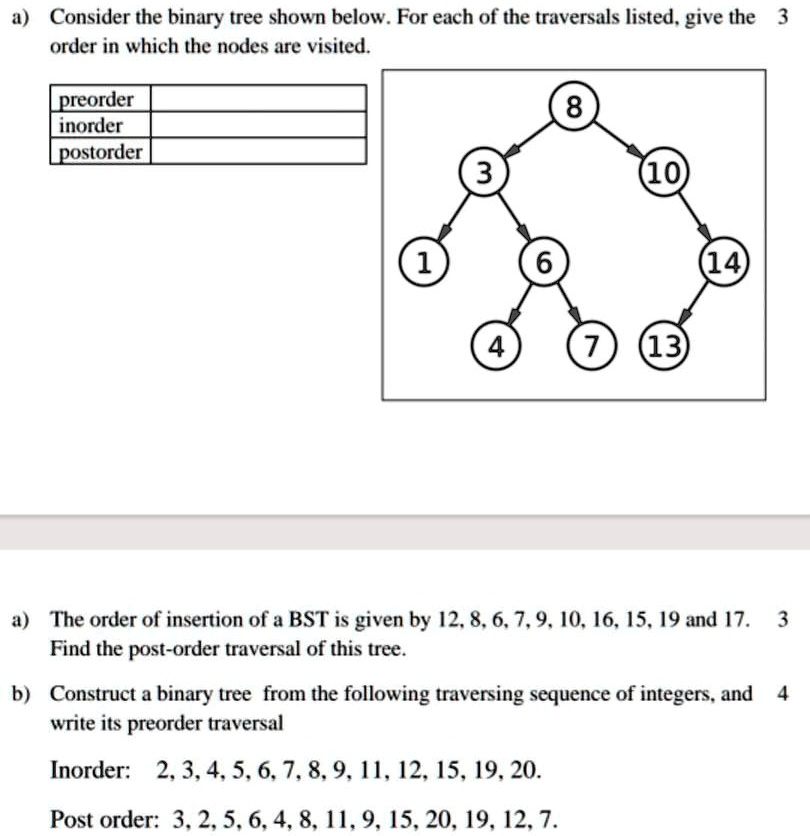 SOLVED: a) Consider the binary tree shown below. For each of the ...