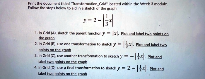 Print the document titled T̈ransformationGridl̈ocated within the Week 3 module.
Follow the steps below to aid in a sketch of the graph
y = 2 - |(1)/(3)x|
1. In Grid (A), sketch the parent function y = |x|. Plot and label two points on
the graph.
2. In Grid (B), use one transformation to sketch y = |(1)/(3)x|. Plot and label two
points on the graph
3. In Grid (C), use another transformation to sketch y = -|(1)/(3)x|. Plot and
label two points on the graph
4. In Grid (D), use a final transformation to sketch y = 2 - |(1)/(3)x|. Plot and
label two points on the graph