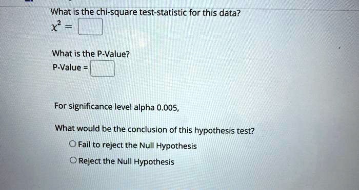 What is the chi-square test-statistic for this data?
?² = 

What is the P-Value?
P-Value = 

For significance level alpha 0.005,

What would be the conclusion of this hypothesis test?
Fail to reject the Null Hypothesis
Reject the Null Hypothesis