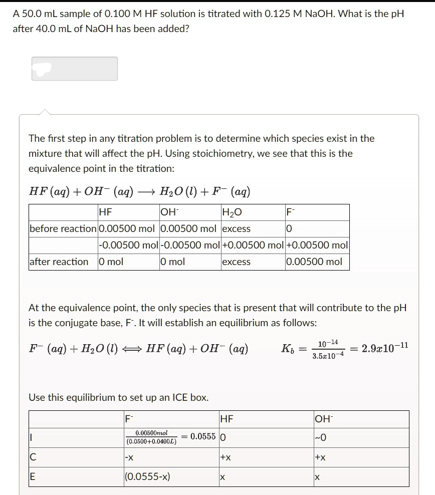 SOLVED A 50.0 mL sample of 0.100 M HF solution is titrated with 0.125