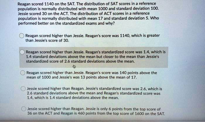 reagan scored 1140 on the sat the distribution of sat scores in a reference population is normally distributed with mean 1000 and standard deviation 100 jessie scored 30 on the act the distr 27706