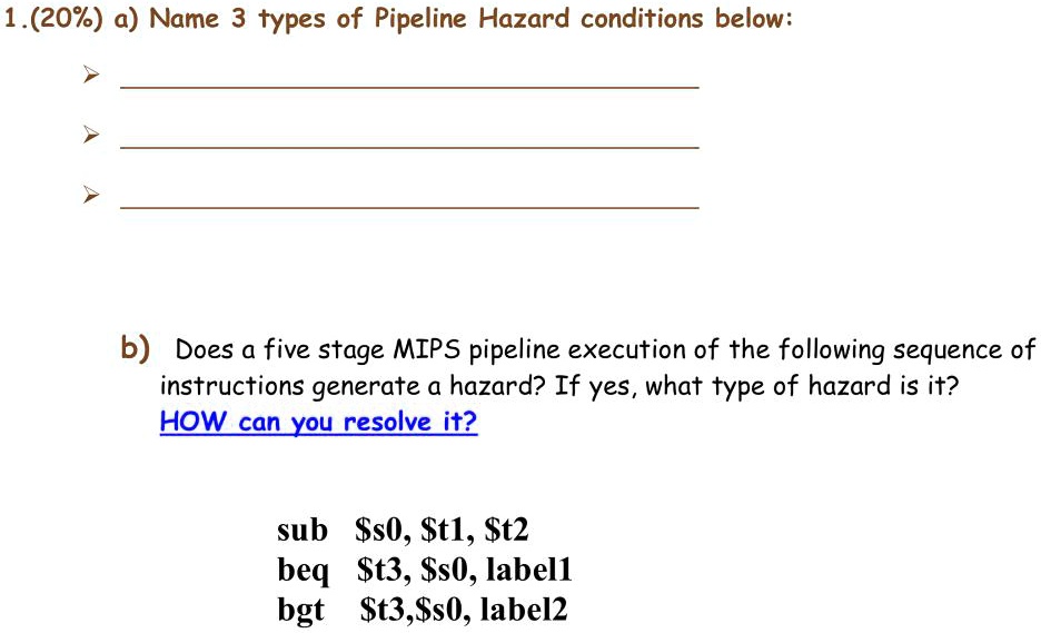 SOLVED a) Name 3 types of Pipeline Hazard conditions below b) Does a