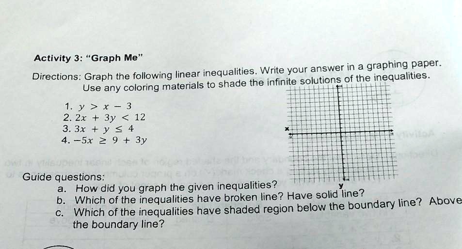 Activity 3: "Graph Me"
Directions: Graph the following linear inequalities. Write your answer in a graphing paper.
Use any coloring materials to shade the infinite solutions of the inequalities.
1. y > x - 3
2. 2x + 3y < 12
3. 3x + y <= 4
4. -5x >= 9 + 3y
Guide questions:
a. How did you graph the given inequalities?
b. Which of the inequalities have broken line? Have solid line?
c. Which of the inequalities have shaded region below the boundary line? Above the boundary line?