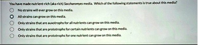 you have made nutrient rich aka rich saccharomyces media which of the following statements is true about this media no strains will ever grow on this media all strains can grow on this media 37614