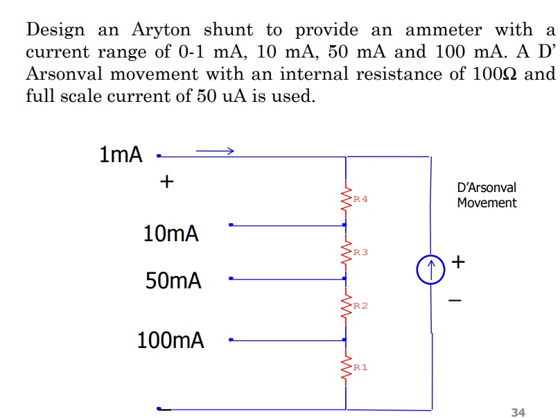 design an aryton shunt to provide an ammeter with a current range of 0 ...