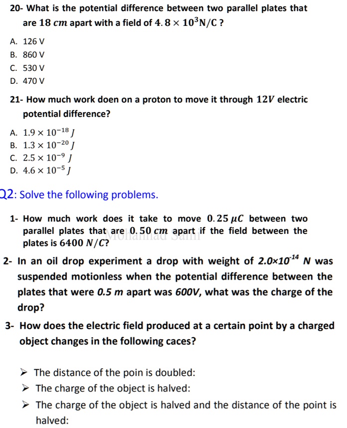 20 what is the potential difference between two parallel plates that ...