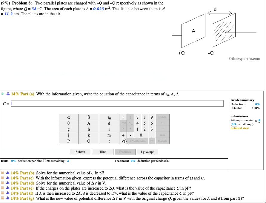 SOLVED: (9 %) Problem & Two parallel plates are charged with +Q and Q ...