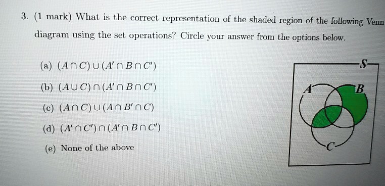 3. (1 mark) What is the correct representation of the shaded region of the following Venn diagram using the set operations? Circle your answer from the options below.

(a) (A ? C) ? (A' ? B ? C')
(b) (A ? C) ? (A' ? B ? C')
(c) (A ? C) ? (A ? B' ? C)
(d) (A' ? C') ? (A' ? B ? C')
(e) None of the above