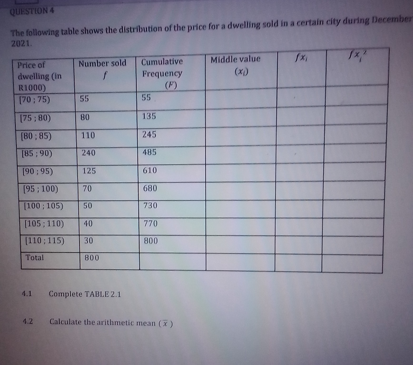 QUESTION 4
The following table shows the distribution of the price for a dwelling sold in a certain city during necember 2021.

Price of dwelling (in R1000)     1|c| Number sold f     Cumulative Frequency (F)     Middle valuc (xi)     fi     xi^' 

[70 ; 75)     55     55             

[75 ; 80)     80     135         

[80 ; 85)     110     245         

[85 ; 90)     240     485         

[90 ; 95)     125     610         

[95 ; 100)     70     680         

[100 ; 105)     50     730         

[105 ; 110)     40     770         

[110 ; 115)     30     800         

Total     800             


4.1 Complete TABLE 2.1
4.2 Calculate the arithmetic mean (x̅)