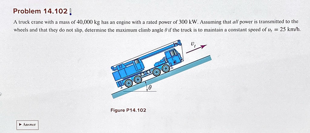 Problem 14.102
A truck crane with a mass of 40,000 kg has an engine with a rated power of 300 kW. Assuming that all power is transmitted to the
wheels and that they do not slip, determine the maximum climb angle θ if the truck is to maintain a constant speed of vt = 25 km/h.
Figure P14.102