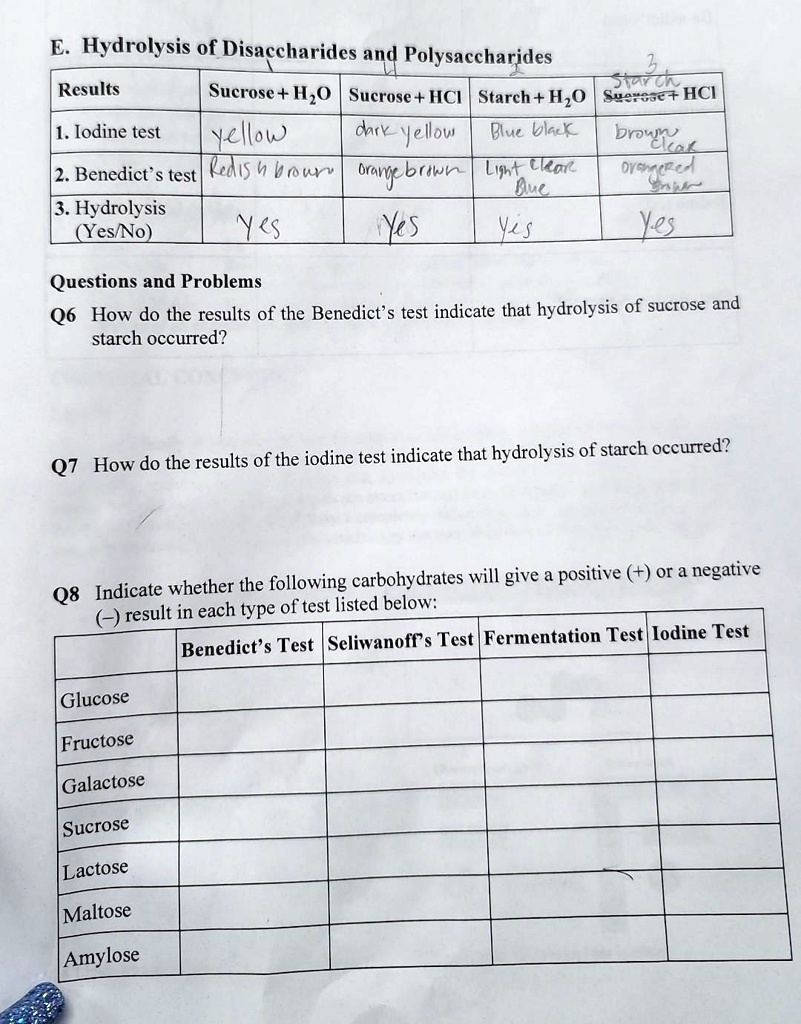 SOLVED: E. Hydrolysis of Disaccharides and Polysaccharides Results ...