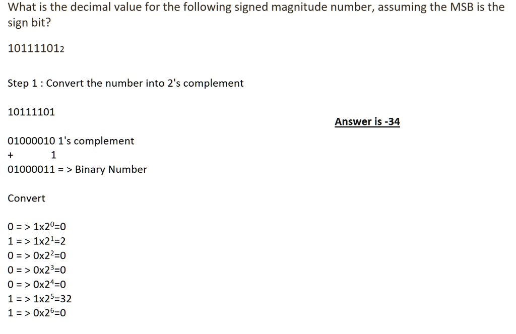 SOLVED: What is the decimal value for the following signed magnitude ...