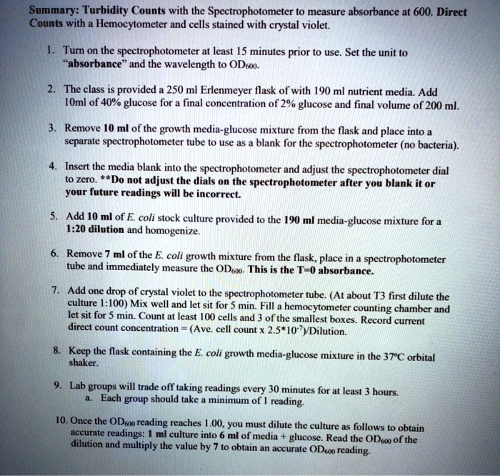 SOLVED Summary Turbidity Counts with the Spectrophotometer to measure