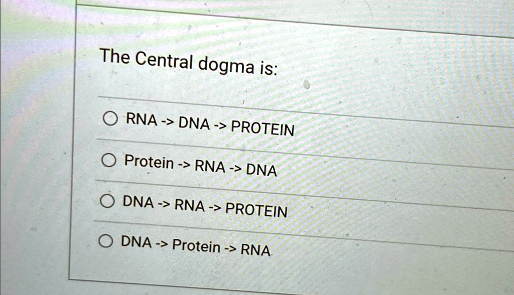 The Central dogma is: RNA -> DNA -> PROTEIN Protein -> RNA -> DNA DNA ...