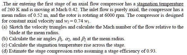 The air entering the first stage of an axial flow compressor has a ...