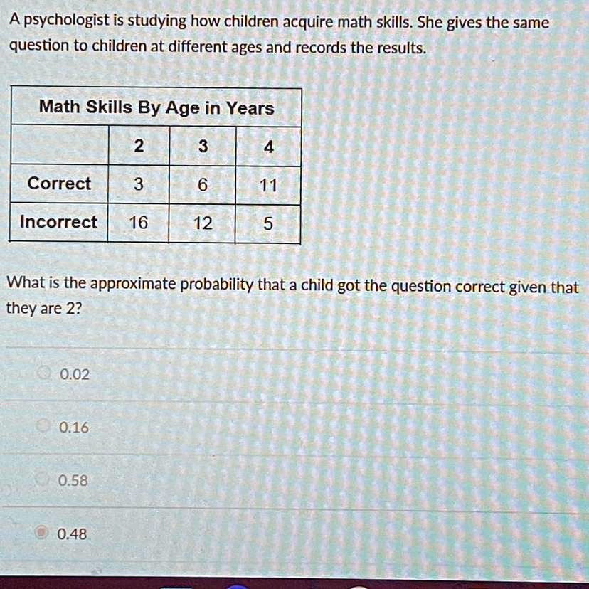 SOLVED 'A psychologist is studying how children acquire math skills