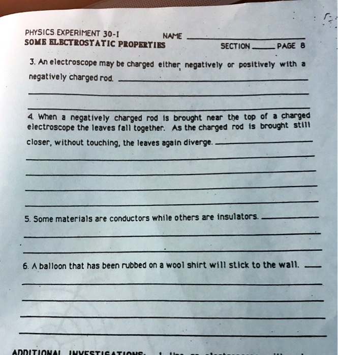 SOLVED PhysICS EXPERIMENT 30[ NA T SOMB ELECTROSTATIC PEOPERTIES