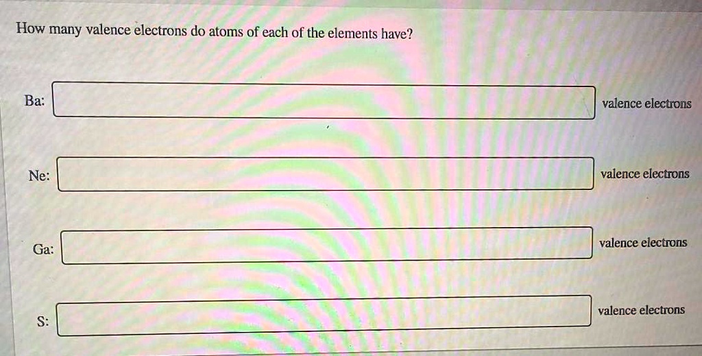 How many valence electrons do atoms of each of the elements have?

Ba: valence electrons

Ne: valence electrons

Ga: valence electrons

S: valence electrons