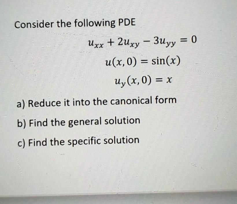 Solved Consider The Following Pde Uxx 2uxy 3uyy 0 Ux0 Sinx Uyx0 X A 9680