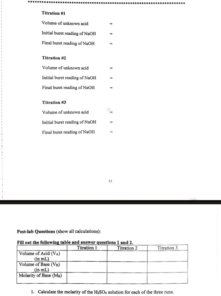 SOLVED Titration 1 Volume of unknown acid Initial buret rcading of