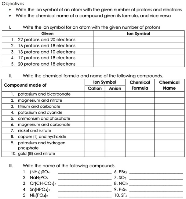 SOLVED: Objectives Write the ion symbol of an atom with the given ...