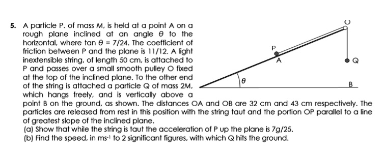 A particle p of mass 0.5 kg is on a shop rough plane inclined at an angle