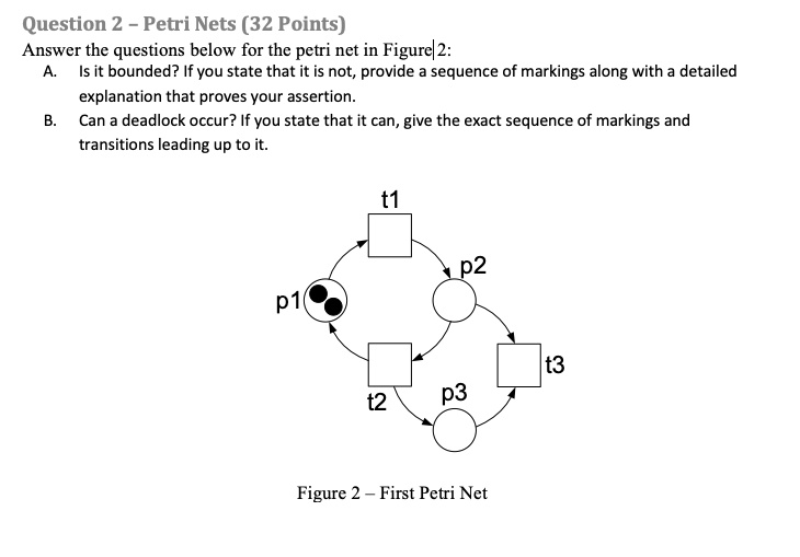 Question 2 - Petri Nets (32 Points)
Answer the questions below for the petri net in Figure 2:
A. Is it bounded? If you state that it is not, provide a sequence of markings along with a detailed
explanation that proves your assertion.
B. Can a deadlock occur? If you state that it can, give the exact sequence of markings and
transitions leading up to it.
p1
t1
p2
t3
t2
p3
Figure 2 - First Petri Net