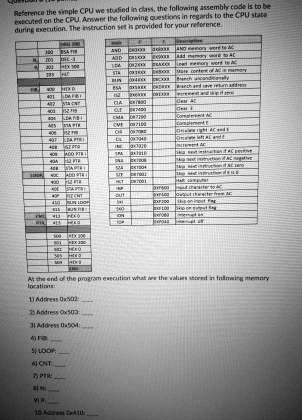 Text: Reference the simple CPU we studied in class, the following ...