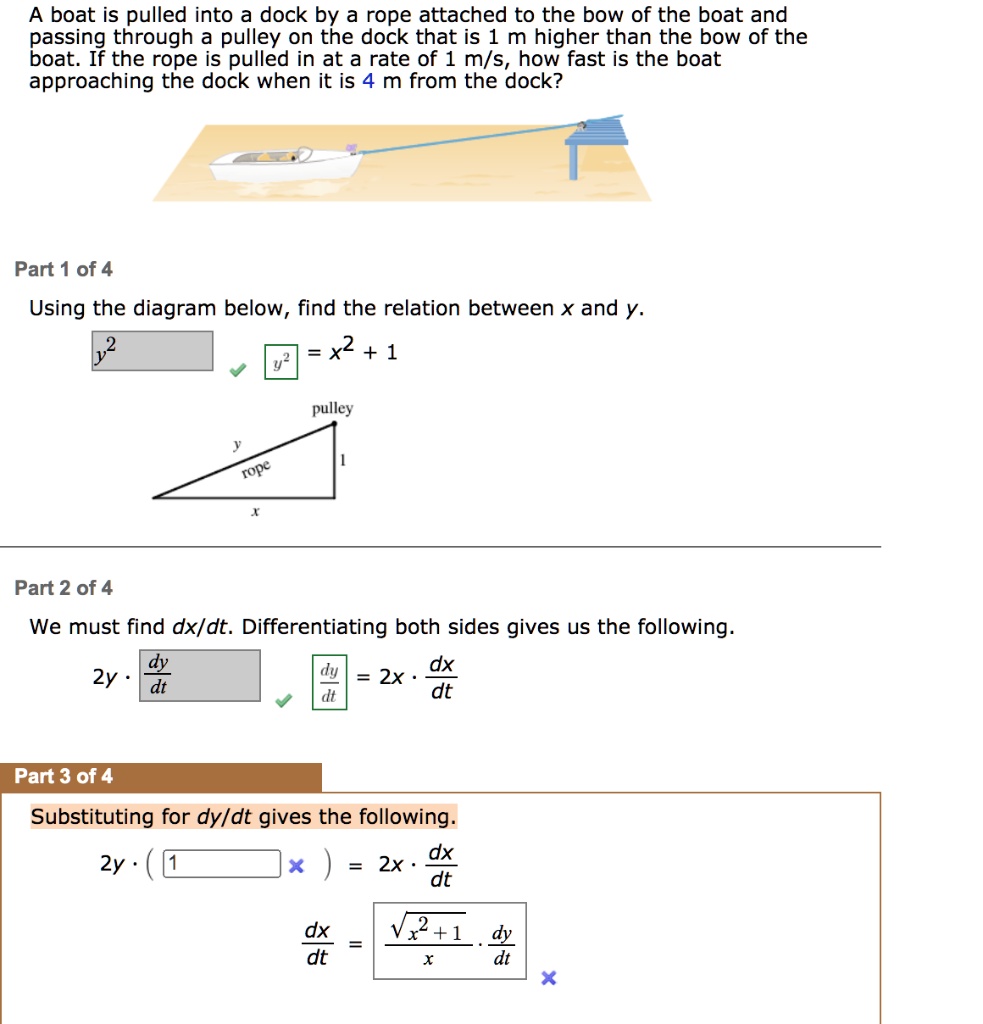 SOLVED: A boat is pulled into a dock by a rope attached to the bow of ...