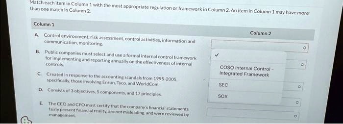 Match each item in Column 1 with the most appropriate regulation or ...