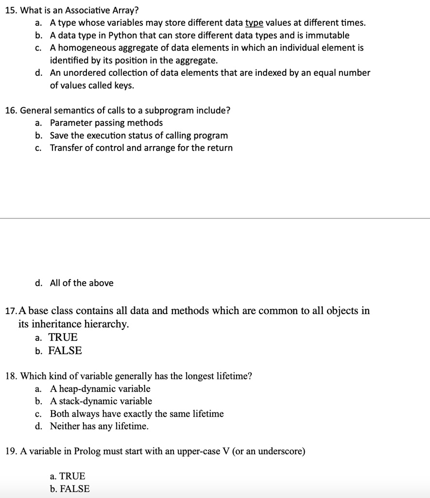 SOLVED: 'please help 15 What is an Associative Array? A type whose  variables may store different data type values at different times A data  type in Python that can store different data