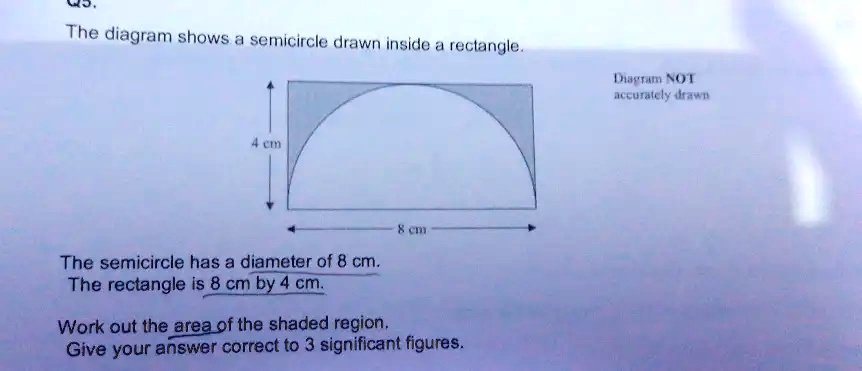 The diagram shows a semicircle drawn inside a rectangle. 4 cm 8 cm The ...
